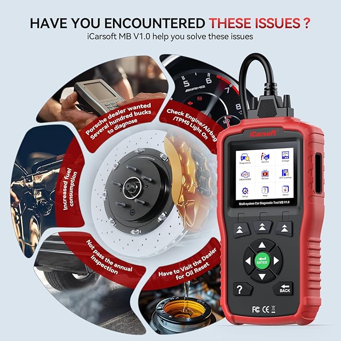 iCarsoft OBD2 Scanner MB V1.0 for Mercedes Benz/Sprinter/Smart, All System Diagnostic Tool Oil/SAS Reset Battery Test 10 OBD2/EOBD Modes CAN Car Scan Code Reader/DTC Lookup/Live Data/Freeze Frame