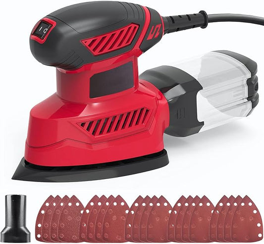 Detail Sander, 130W Compact Electric Sander, 14000 RPM, with 20PCS Sandpaper Mouse Sander, Hand Sanders with Multi-Function efficient Dust Box Collection System, Suitable for Sanding, Polishing, etc.