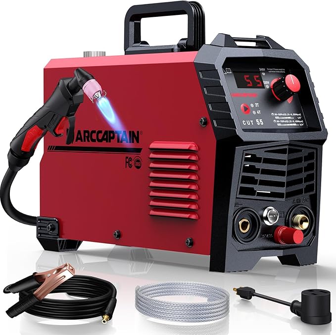 ARCCAPTAIN 55A Plasma Cutter, Non-Touch Pilot ARC High-Frequency Air Plasma Cutting Machine, 110/220V Dual Voltage IGBT Inverter, 1/2" Clean Cut, Post Flow,2T/4T, and 1/4" - 18 NPT, for Beginners DIY