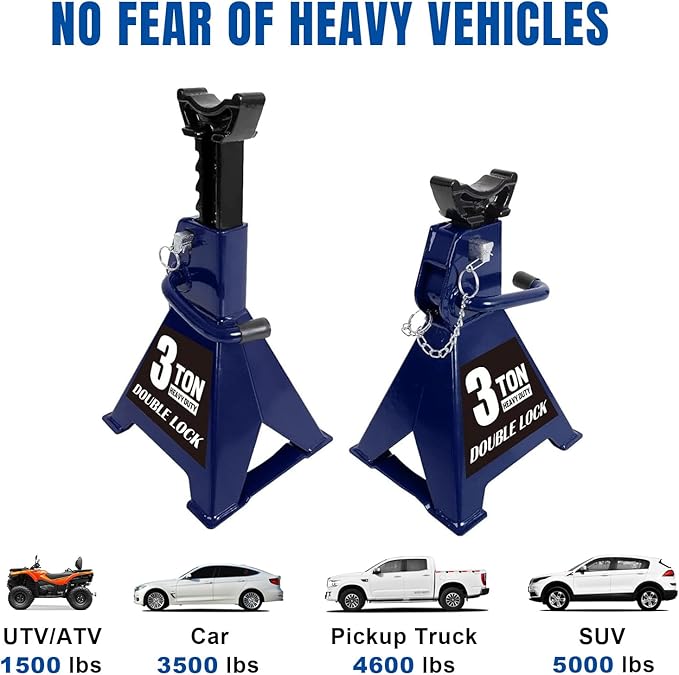 TCE AT43005AU Torin Steel Heavy Duty Jack Stands: Double Locking Pins, 3 Ton (6,000 lb) Capacity, Blue, 1 Pair (2 Pack)