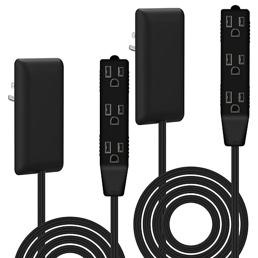 LIDER Flat-Face Outlet Extender with 3 Receptacles, Ultra-Thin Wall Plate Plug with Cord Extender and 3-Outlet Power Strip, 8ft Cord, LWE8-315-BK2P, Black, 2 Pack