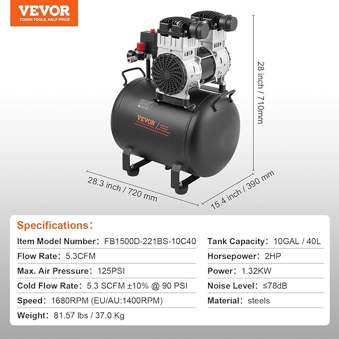 VEVOR Air Compressor, 10 Gallon Steel Tank, 2HP 5.3 CFM@90 PSI Oil Free Air Compressor & Max. 125PSI Pressure, 78dB Ultra Quiet Portable Compressor, for Auto Repair, Tire Inflation, Spray Painting