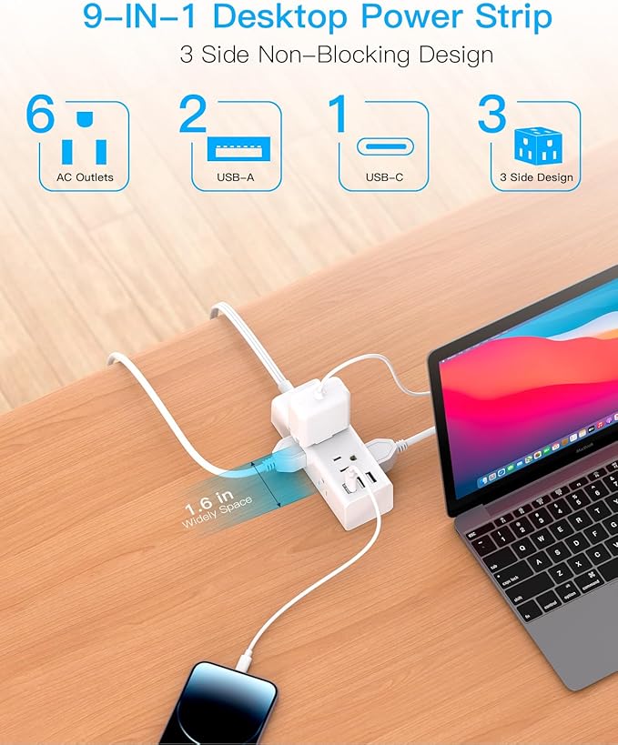 20Ft Extension Cord with Multiple Outlets, Flat Plug Power Strip Surge Protector with 20 Ft Long Cord, 6 Outlet 3 USB Ports (1 USB C), Multi Outlet Wall Plug for Travel, College, Dorm Room Essentials
