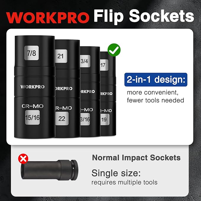 WORKPRO 5PCS Impact Socket Set 1/2" Drive, Lug Nut Socket Set, Wheel Socket Set Cr-Mo Steel, Includes 1PC 3" Extension Bar & 4PSC Flip Sockets of 6 Metric and SAE Sizes