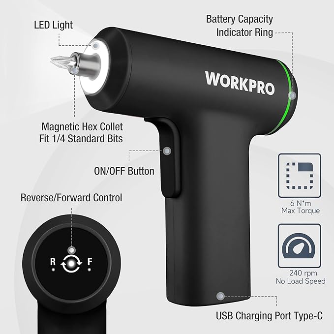 WORKPRO Electric Cordless Screwdriver Set, 4V USB Rechargeable Lithium-ion Battery Power Screwdriver Kit with LED Light, Screw Gun with 28pcs Accessories for Home, Office, Apartment Repair