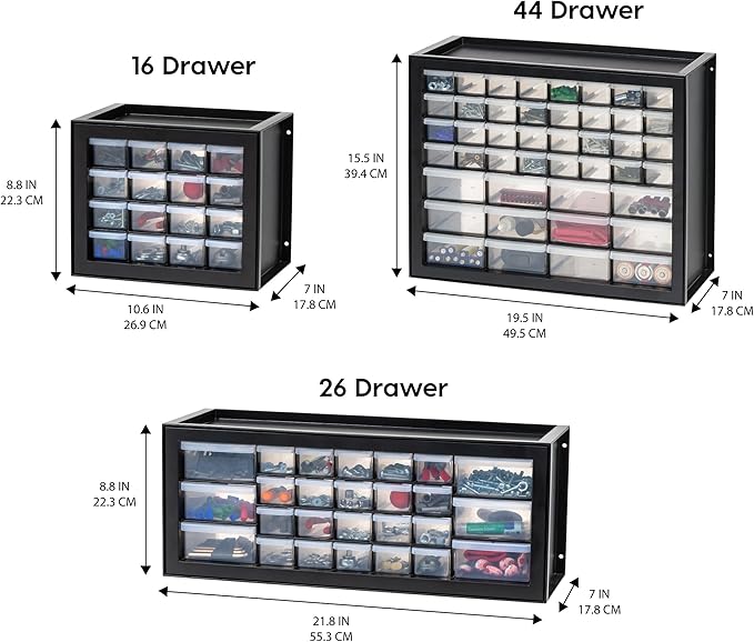 IRIS USA Screw Organizer, Hardware Storage Organizer, 16 Drawer Parts Cabinet, Plastic Drawer Storage for Hardware Crafts, Small Parts, Nuts, Bolts, Tool Organizer Storage, Scrapbook Art Hobby - Black