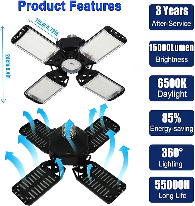 150W LED Garage Light, 15000 Lumen Garage LED Ceiling Lights with 4+1 Adjustable Panels, E26/E27 6500K Daylight LED Shop Light Bulb Fixture LED Lights for Garage, Workshop
