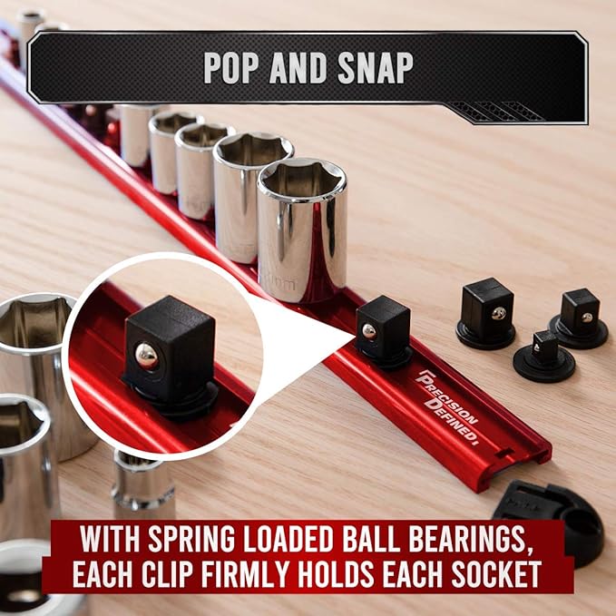 Precision Defined Aluminum Tool Socket Holder | Red, Single 3/8-Inch Socket Organizer x 16 Clips | Heavy Duty Socket Rails Organizer, Socket Storage, Socket Tray 360 Rotation