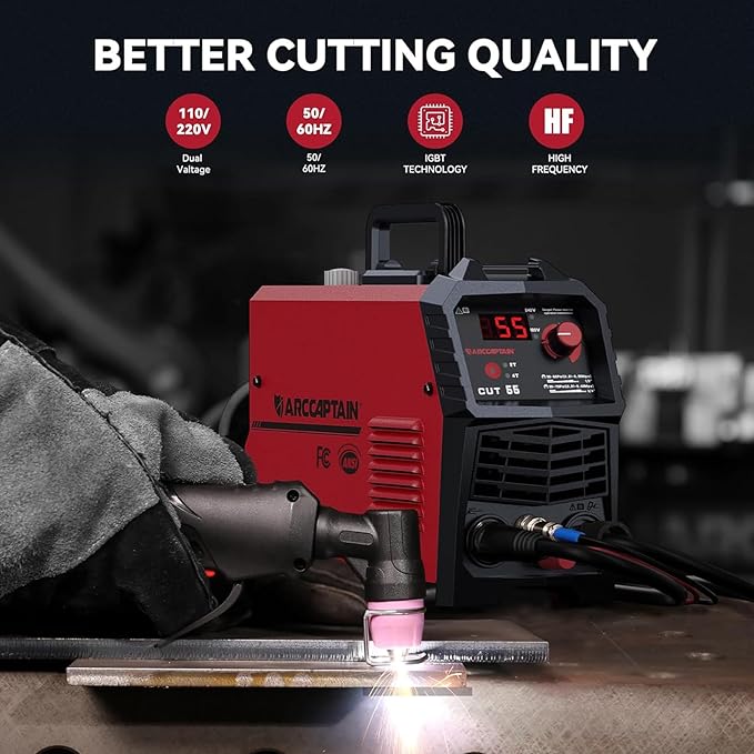 ARCCAPTAIN 55A Plasma Cutter, Non-Touch Pilot ARC High-Frequency Air Plasma Cutting Machine, 110/220V Dual Voltage IGBT Inverter, 1/2" Clean Cut, Post Flow,2T/4T, and 1/4" - 18 NPT, for Beginners DIY