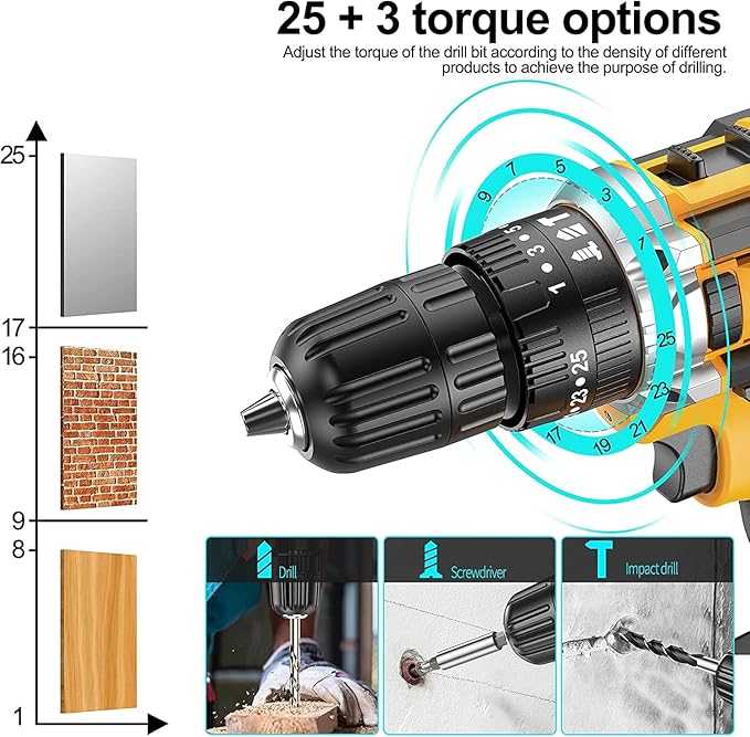JayLene 21V Cordless Drill Set, Power Drill 59Pcs with 3/8 Inch Keyless Chuck, 25 3 Clutch Electric Drill with Work Light, Max torque 45Nm, 2-Variable Speed & 2 Batteries and Fast Charger