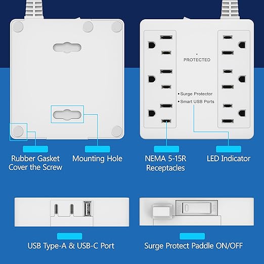 LIDER Outlet Extender with 6 Receptacles, USB Type-A and 2 USB Type-C, Ultra-Thin Flat-Plug with Cord Extender, 6-Outlet Power Strip, Slim Angled Design, Surge Protector, 480 Joules, 5ft Cord, White