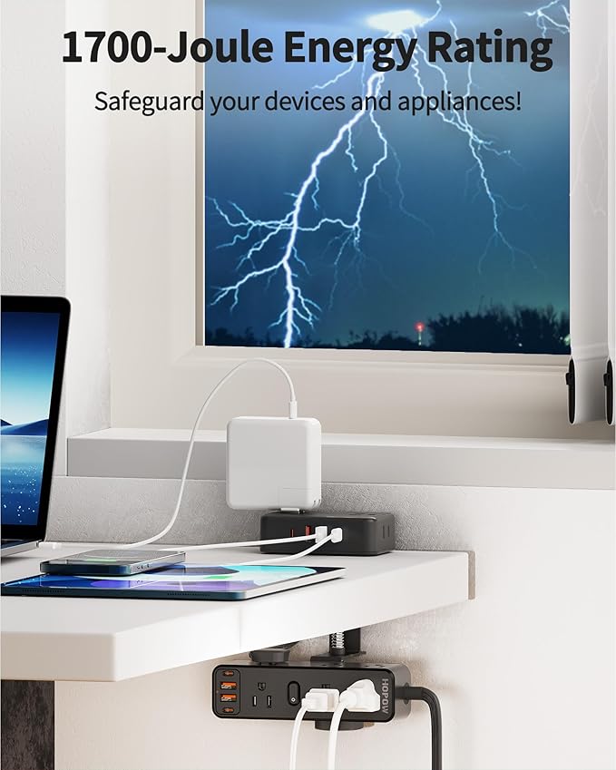 Dual Layer Desk Clamp Power Strip with 13 AC Outlets 8 USB (4 USB C), Fit 2.75" Tabletop, Desktop Edge Mount Surge Protector (1700J), 10 Ft Extension Cord for Office Home, Black
