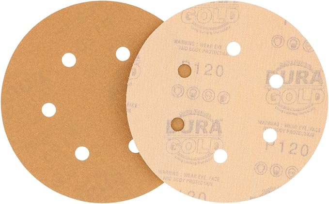 Dura-Gold Premium 120 Grit 6" Gold Sandpaper Discs, 6 Hole Pattern Dustless, Box of 50 - Hook & Loop Backing for DA Sander, Finishing Coarse Sanding Abrasive Automotive Paint, Woodworking Wood, Metal