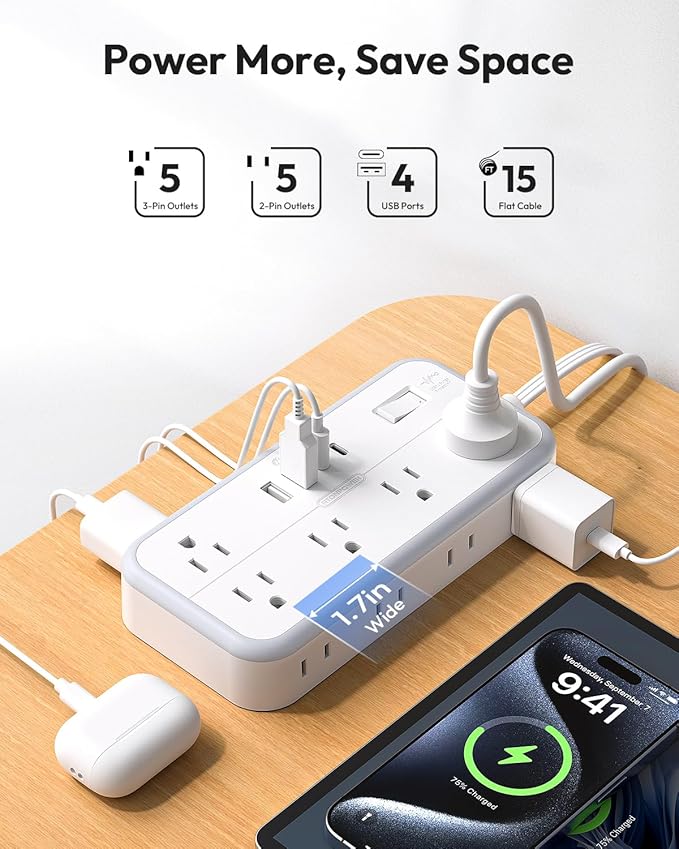Flat Extension Cord 15 FT, NTONPOWER Surge Protector Power Strip with 10 Widely Outlets 4 USB Ports (2 USB C), 3 Side, Overload Protection, 2700J, Wall Mount, Multiple Outlets for Home Office, White