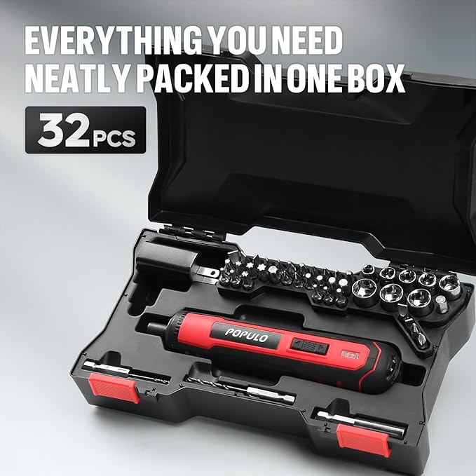 POPULO 4V Electric Screwdriver Kit,6 Torque Settings, Power Screw Driver Cordless Rechargeable with LED Work Light, 32 pieces Screwdriver Bits, 8 Sockets, Flex Hex Shaft, Bit Holders and Storage Box