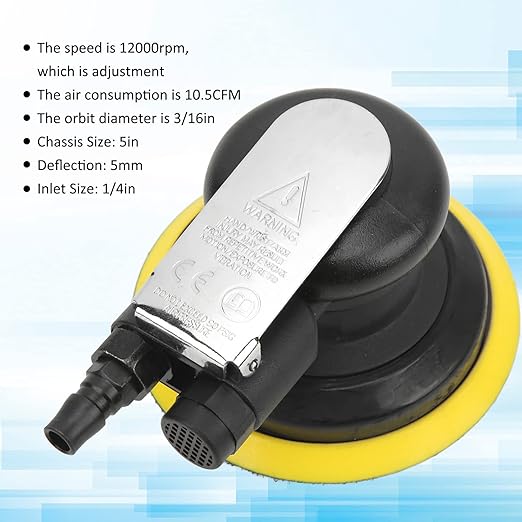 12000RPM Pneumatic Sander Air Palm Random Polisher Grinding Machine with 5 Inches Chassis for Car Body Furniture Metal Glass Woodworking