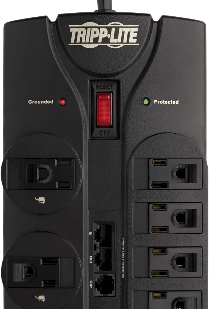 Tripp Lite 12 Outlet Surge Protector Power Strip, 8ft Cord, Right-Angle Plug, Tel/Modem/Coax/Ethernet Protection, RJ11, RJ45, & $250,000 INSURANCE (TLP1208SAT) Black