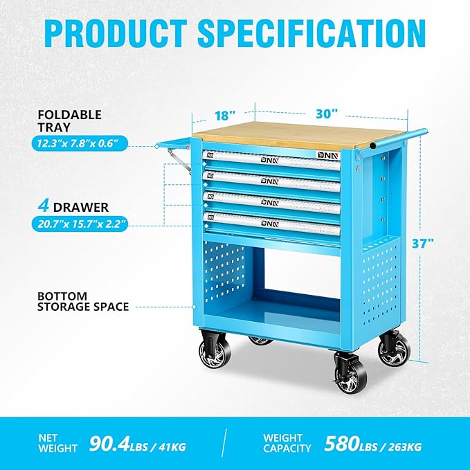 DNA MOTORING 30" W X 37" H X 18" D Large Capacity 4-Drawer Chest Rolling Tool Cart Locking Swivel Cabinet with Keys, Blue, TOOLS-00484