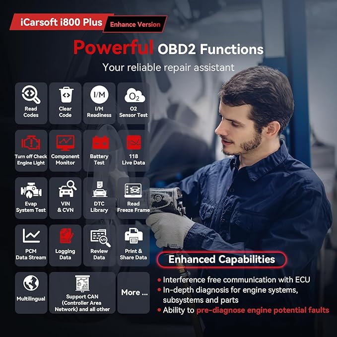 iCarsoft i800 Plus OBD2 Scanner Diagnostic Tool with Component Test/118 Live Data/Reset CEL/Battery Test/Freeze Frame/VIN, Code Reader for All Cars Full OBD2 Functions, Fuel System Scan Tool para Auto