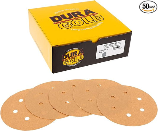 Dura-Gold Premium 120 Grit 6" Gold Sandpaper Discs, 6 Hole Pattern Dustless, Box of 50 - Hook & Loop Backing for DA Sander, Finishing Coarse Sanding Abrasive Automotive Paint, Woodworking Wood, Metal