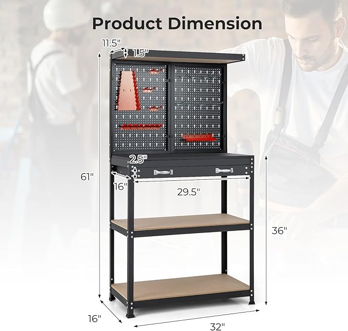 IRONMAX Workbench with Drawers, 32’’ Heavy Duty Workstation Organizer with 14 PCS Hanging Kits, 2 Storage Shelves & Long Drawer, Work Bench Table for Garage, Home, Workshop, Auto Shop, Basement