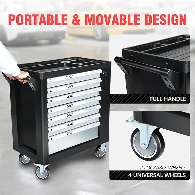 DNA MOTORING 7-Drawers Roller Tool Chest Cabinet with Casters, Locking System, Top Worktop, for Garage Warehouse Workshop, Grey, TOOLS-00397