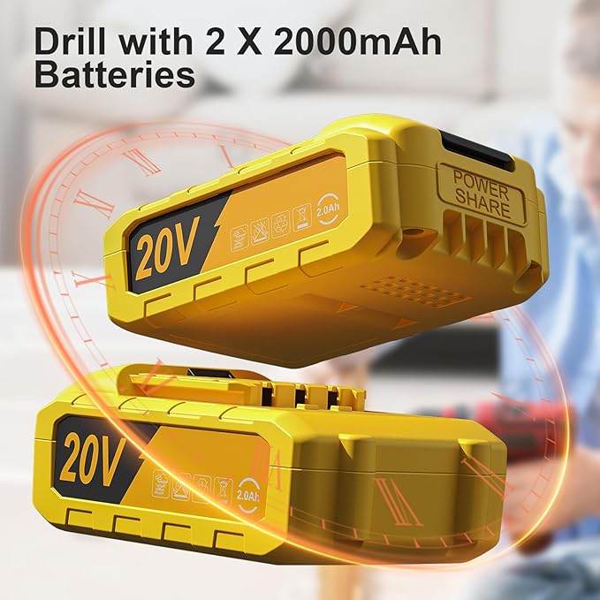 Cordless Drill, 20V Power Drill, Double 2000mAh Batteries Electric Drill, Cordless Drill with Battery and Charger, 3/8" Keyless Chuck Battery Drill with 25+1 Max 370 In-lb Torque, 42Pcs Drill Bits