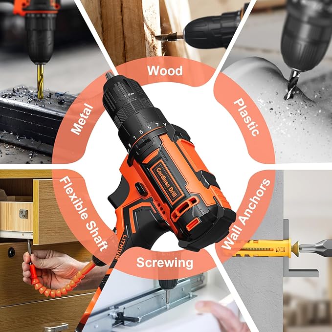 Cordless Drill Set, 20V Power Drill with Battery 2.0Ah and Charger, 3/8-Inch Keyless Chuck Electric Drill, 25+1 Position, 42pcs Drill Driver Bits/Screws for DIY Projects (Orange)