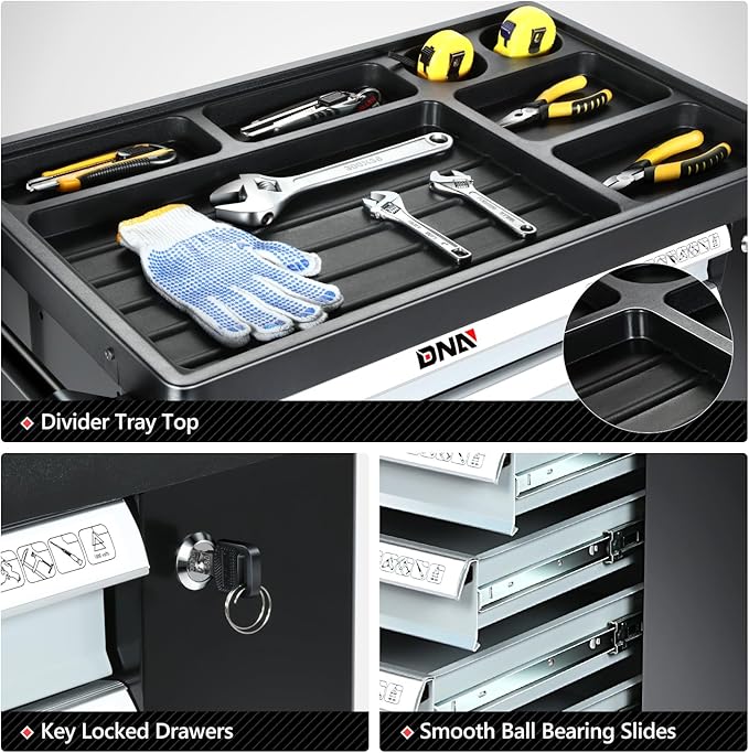 DNA MOTORING 7-Drawers Roller Tool Chest Cabinet with Casters, Locking System, Top Worktop, for Garage Warehouse Workshop, Grey, TOOLS-00397