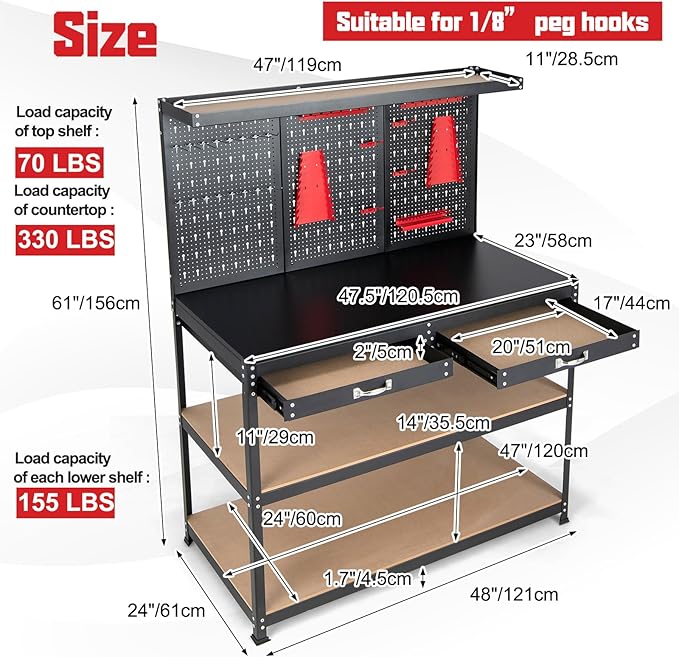 IRONMAX Workbench with Drawers, 48’’ Heavy Duty Workstation Organizer with 25 PCS Hanging Kits, 2 Storage Shelves & 2 Drawers, Work Bench Table for Garage, Home, Workshop, Auto Shop, Basement