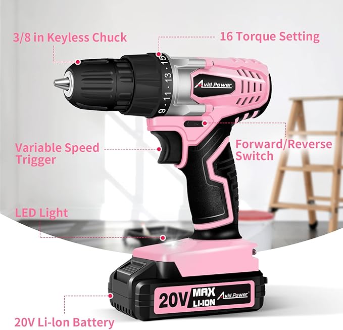 AVID POWER 20V MAX Lithium lon Cordless Drill Set, Power Drill Kit with Battery and Charger, 3/8-Inch Keyless Chuck, Variable Speed, 16 Position and 22pcs Drill Bits (Pink)