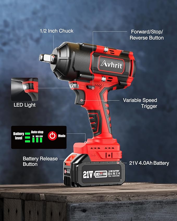 1000Nm(738ft-lbs) Cordless Impact Wrench High Torque w/ 2x 4.0Ah Battery, Electric Impact Wrench 1/2 Inch, Power Battery Impact Gun 1/2 Drive, Fast Charger, 4 Sockets for Truck RV Car