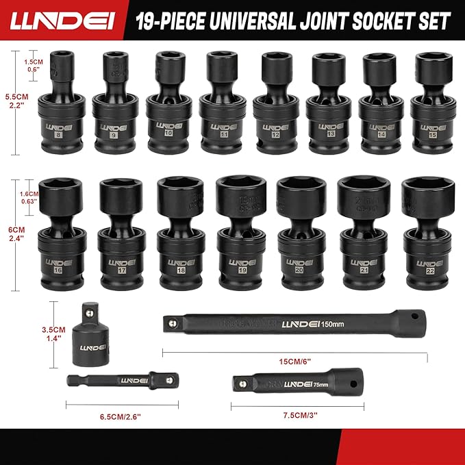 LLNDEI 3/8" Drive Universal Impact Socket Set, 19 Pieces CR-MO Swivel Socket Set, Metric(8-22mm) Wobble Sockets 6 Point with Extension Bars, Adapter and Black Organizer