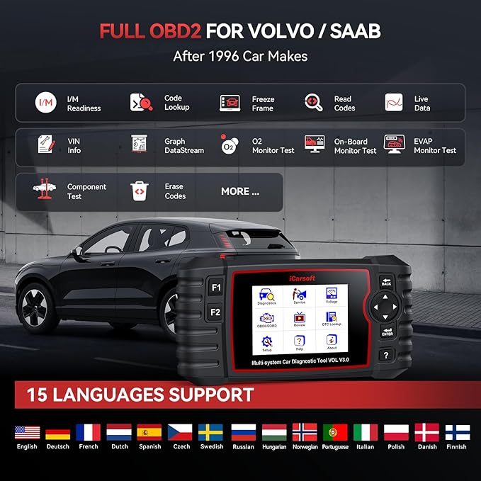 Bidirectional OBD2 Diagnostic Scanner for Volvo/SAAB, 2025 iCarsoft VOL V3.0 Scan Tool 29 Resets,Active Test, All System 118 Live Graph Data Engine Fault Code Reader, Battery Test
