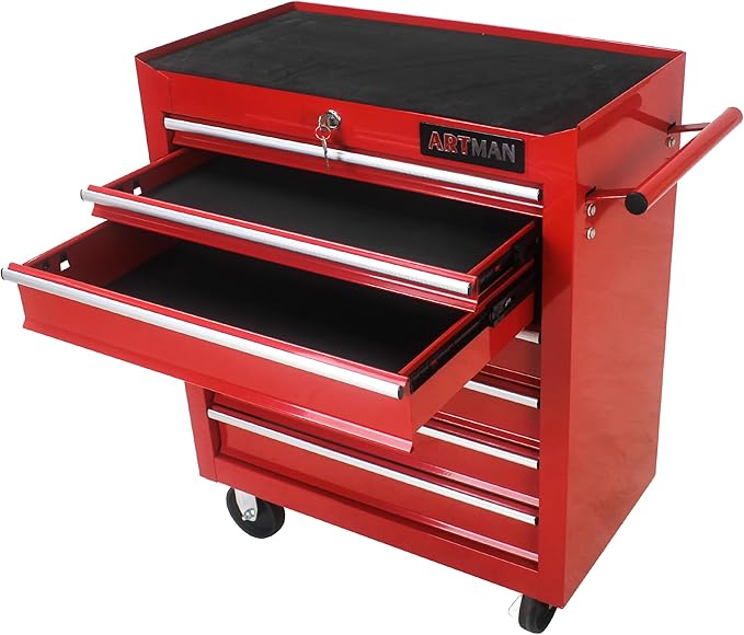 Rolling Tool Chest Metal Tool Box with Wheels Tool Cabinet Craftsman Tool Cart on Wheels Tool Box Portable Tool Box with Wheels 7 Drawers Multifunctional Tool Cart with Wheels, Red