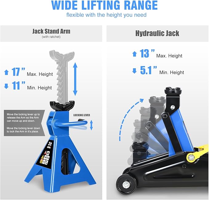 DNA MOTORING Low Profile Hydraulic Trolley Service/Floor Jack Combo with 2 Ratchet Jack Stands, 2 Ton (4000 lbs) Capacity, TOOLS-00476