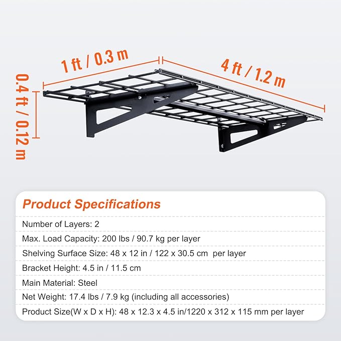 VEVOR Garage Shelving Wall Mounted, 1 x 4 ft Heavy Duty Garage Wall Shelves, 400 lbs Load Capacity Garage Storage Rack Floating Shelves, 2 Pack, Suitable for Shop, Shed, Garage Storage