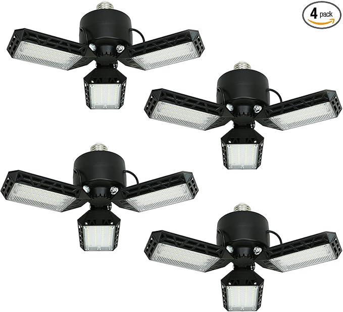 4-Pack LED Garage Lights, 80W 8000LM LED Garage Ceiling Light 6500K LED Shop Light With 3 Deformable Panels, Screw in E26/E27 Socket LED Bulbs for Garage Basement Workshop Warehouse Barn Attic