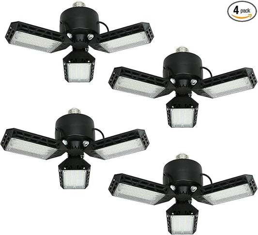 4-Pack LED Garage Lights, 80W 8000LM LED Garage Ceiling Light 6500K LED Shop Light With 3 Deformable Panels, Screw in E26/E27 Socket LED Bulbs for Garage Basement Workshop Warehouse Barn Attic