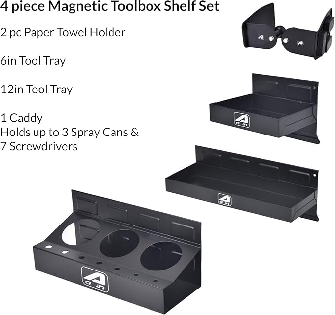Eisen trayset 4pc Magnetic Toolbox Tray Set, Magnetic Tool Box holder for Cabinet Side Shelf Storage Van Workshop, Tool Trays, Paper Towel Holder and Spray Can Holder, Black