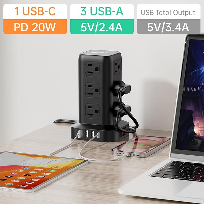 PD20W Surge Protector Power Strip Tower, 10FT Extension Cord with Multiple Outlets, 12 AC 4 USB (1 USB C)，Mini Power Strip with USB Ports, Surge Protector Tower Overload Protection for Office, Desk