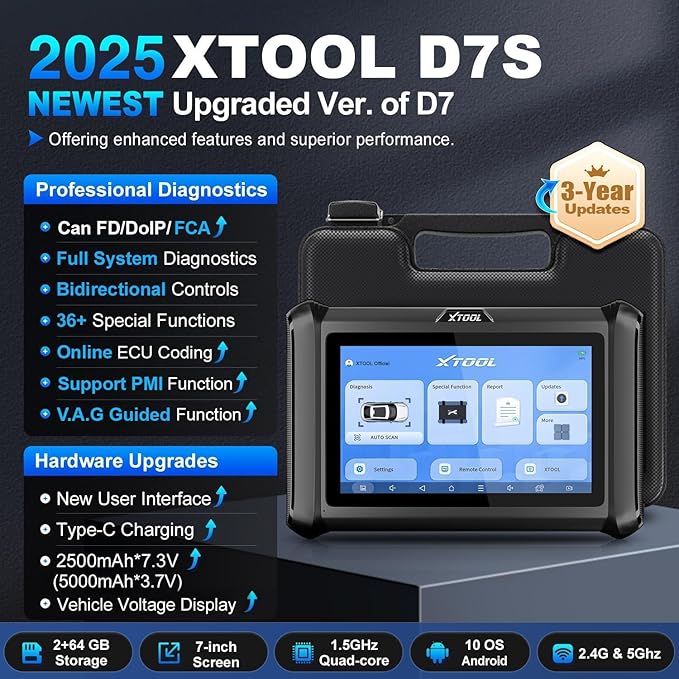 XTOOL D7S OBD2 Scanner with FCA AutoAuth, Bidirectional Scan Tool 2025 V2.0, 36+ Resets, 4000+ Active Tests, Online ECU Coding, PMI, V.A.G. Guide, DoIP/CAN FD, All-System Scan, Upgraded of XTOOL D7