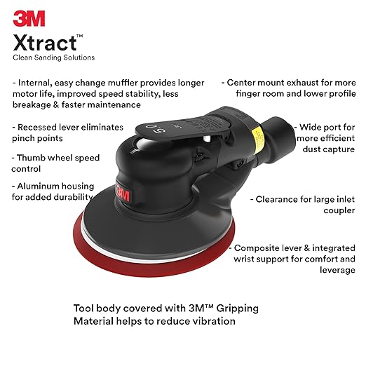 3M Random Orbital Sander, Xtract Pneumatic 88947, 5 in, Self-Generated Vacuum, 5/16 in Orbit, Ergonomic and Lightweight ROS, 209W Motor, Dust Extraction