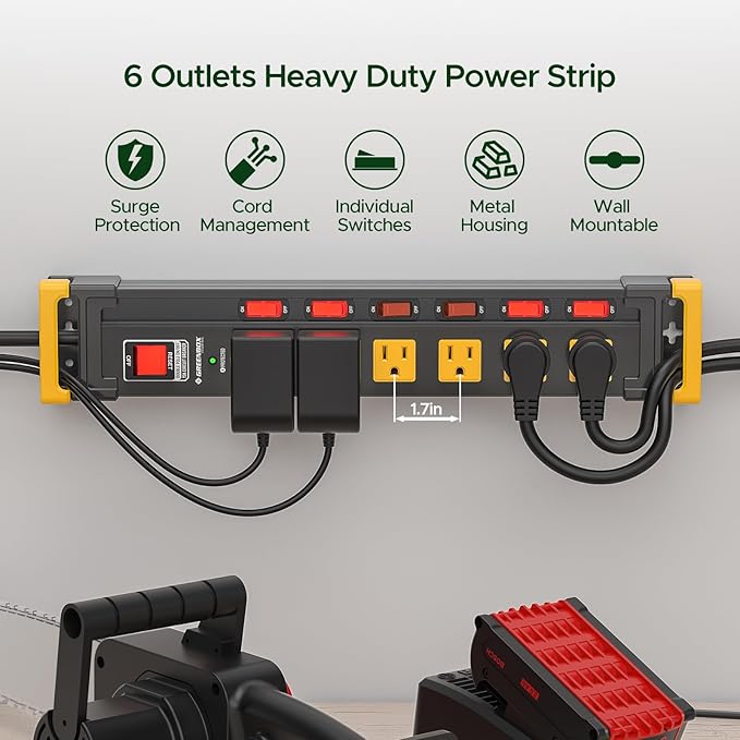 6 Outlet Heavy Duty Power Strip with Individual Switches, 3300J Surge Protector Metal Mountable Power Strip, 6FT Cord Management, Wide-Spaced, ETL Listed (15A/1875W)