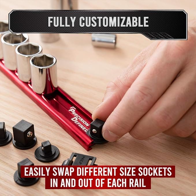 Precision Defined Aluminum Tool Socket Holder 3-Piece Set | Red, 1/4-Inch x 16 Clips, 3/8-Inch x 16 Clips, 1/2-Inch x 14 Clips | 360 Rotation - Heavy Duty Socket Rails Organizer, Socket Storage