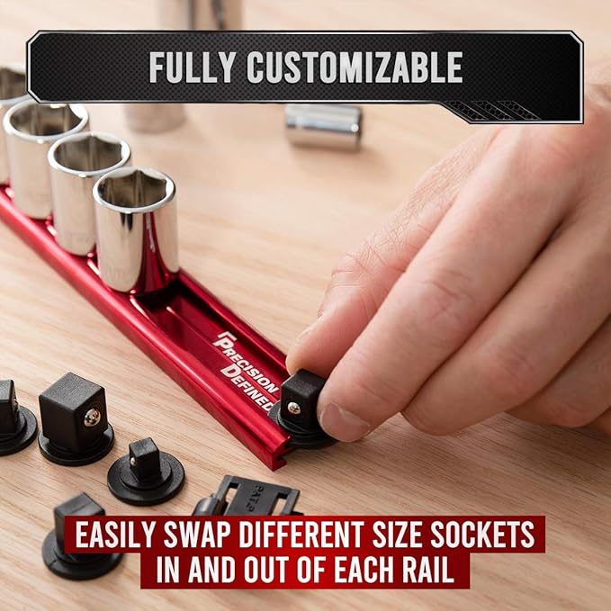 Precision Defined Aluminum Tool Socket Holder | Red, Single 3/8-Inch Socket Organizer x 16 Clips | Heavy Duty Socket Rails Organizer, Socket Storage, Socket Tray 360 Rotation