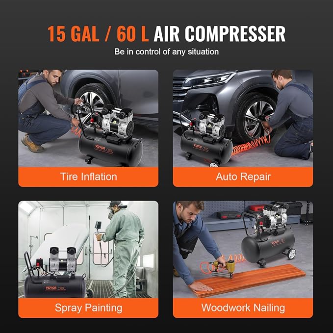 VEVOR Air Compressor, 15 Gallon Steel Tank, 2HP 5.3 CFM@90 PSI Oil Free Air Compressor & Max. 125PSI Pressure, 78dB Ultra Quiet Portable Compressor, for Auto Repair, Tire Inflation, Spray Painting
