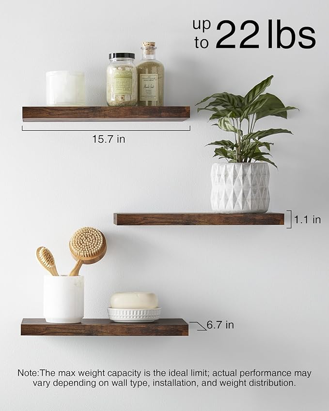 BAYKA Floating Wood Shelves - Wall Mounted for Bathroom,Bedroom,Living Room,Kitchen,Small Hanging Shelf for Books/Storage/Room Decor with 22lbs Capacity(Rustic Brown,Set of 3,15.7inch)