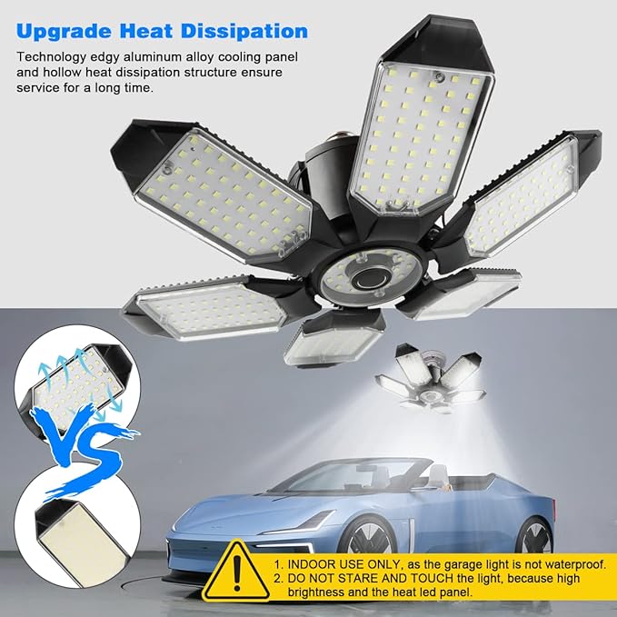 LED Garage Light - 160W LED Garage Ceiling Light 16000LM 6500K Super Bright Garage Lighting with 6 Deformable Panels Screw in Shop Light for Basement Workshop Warehouse Attic