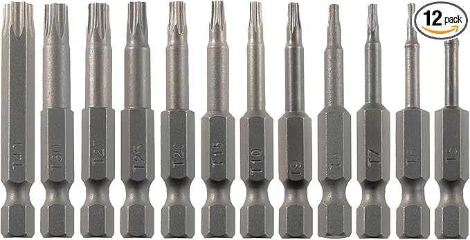 Torx Security Screwdriver Bit Set T5-T40 12PCS 1/4 Inch Hex Shank 2 Inch/50 mm Length S2 Steel Tamper Proof Star 6 Point with Magnetic for Power Screwdriver Drill Impact Driver